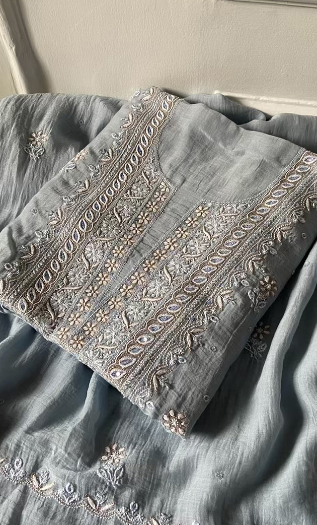Women's Lakhnavi Handcrafted Mul Chanderi UnStitched Kurta And Dupatta Set - HONC0318519