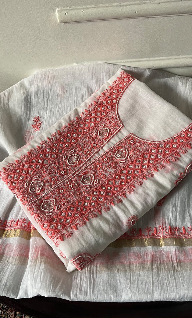 Women's Lakhnavi Handcrafted Mul Chanderi Unstitched Kurta And Dupatta Set- HONC0321881