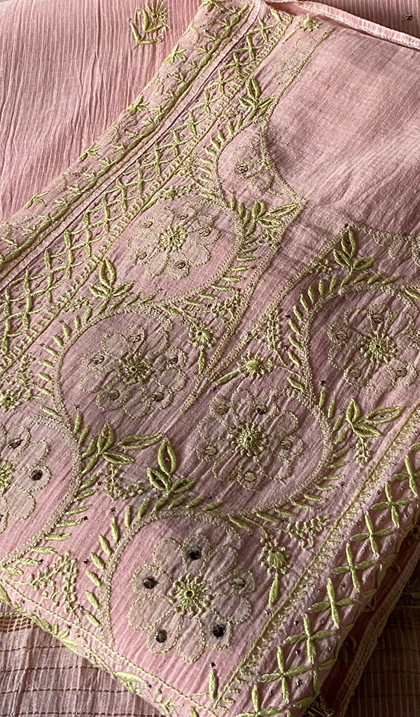 Women's Lakhnavi Handcrafted Maheshwari Mul Chanderi Semi - Stitched Chikankari Full Suit Material - HONC