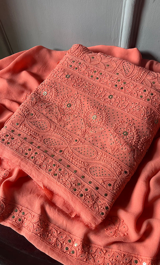 Women's Lakhnavi Handcrafted Viscose Georgette Chikankari Full Suit Material - HONC0271095