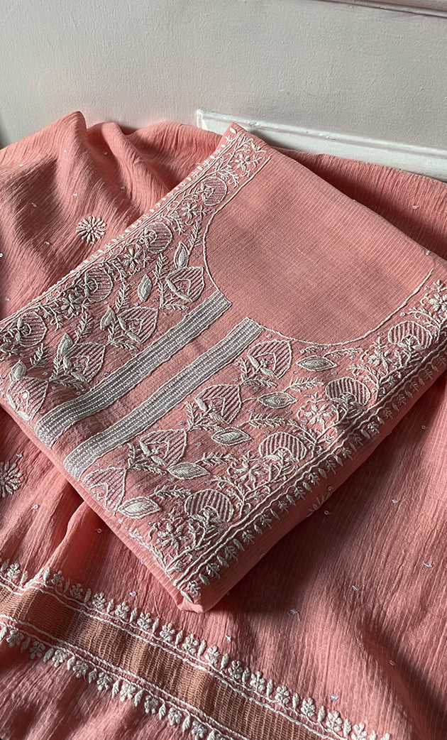 Women's Lakhnavi Handcrafted Mul Chanderi UnStitched Kurta And Dupatta Set - HONC0307409