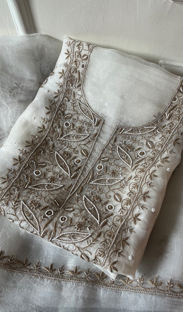Women's Lakhnavi Handcrafted Pure Organza Chikankari Unstitched Kurta And Dupatta Set-  HONC02831111