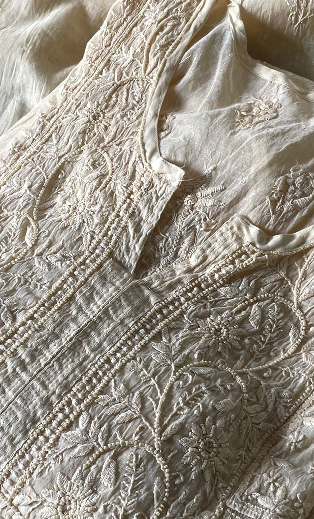 Women's Lakhnavi Handcrafted Mul Chanderi Semi - stitched Chikankari Full Suit Material - HONC0319556