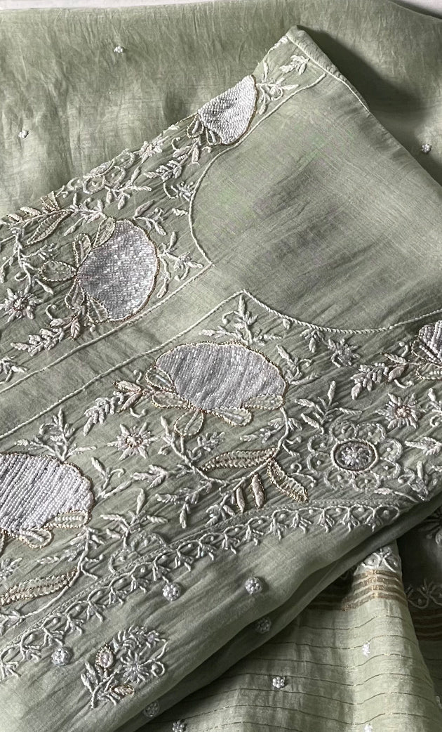 Women's Lakhnavi Handcrafted Mul Chanderi Semi - Stitched Anarkali And Dupatta Set - HONC0330162