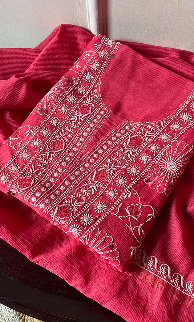 Women's Lakhnavi Handcrafted Maheshwari Mul Chanderi Unstitched Kurta And Dupatta Set - HONC0275135