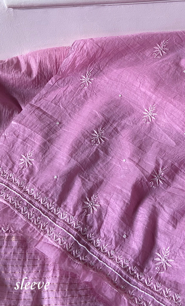 Women's Lakhnavi Handcrafted Mul Chanderi Unstitched Chikankari Full Suit Material - HONC0328324