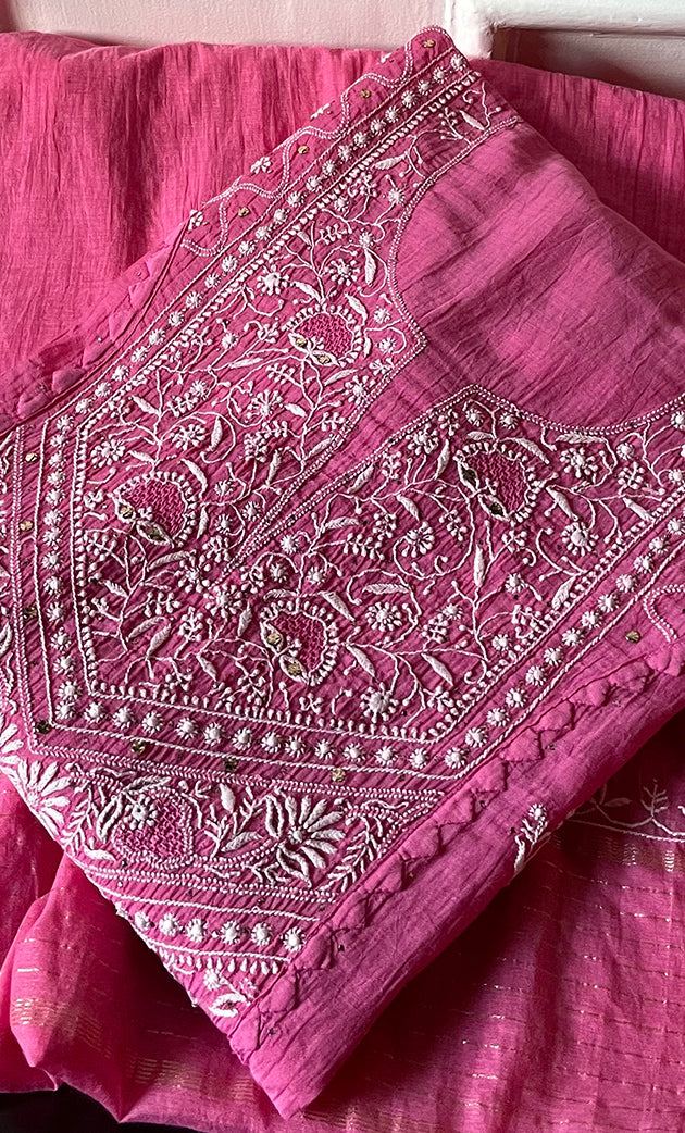 Women's Lakhnavi Handcrafted Mul Chanderi Semi - stitched Kurta And Dupatta Set- HONC0282411