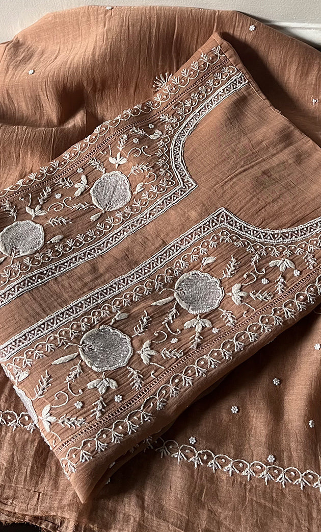 Women's Lakhnavi Handcrafted Mul Chanderi Semi - Stitched Anarkali And Dupatta Set - HONC0330160