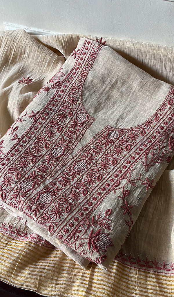 Women's Lakhnavi Handcrafted Tissue Chanderi Unstitched Kurta And Dupatta Set - HONC0267043
