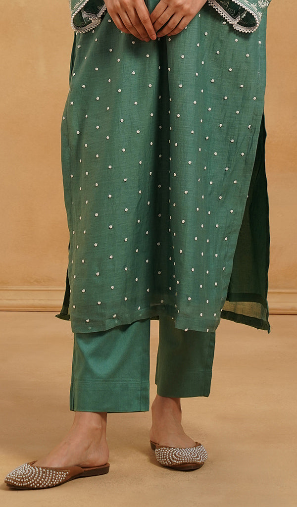 Jazba Women's Lakhnavi Handcrafted Mul Chanderi Chikankari Stitched Kurta, Dupatta And Pant Set - HONC0458975
