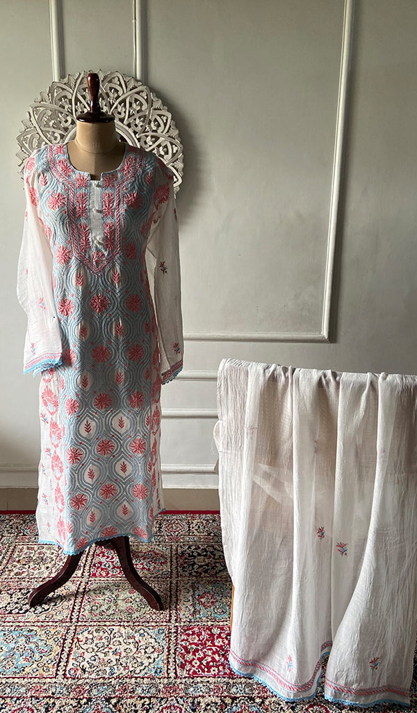 Women's Lakhnavi Handcrafted Mul Chanderi Semi - Stitched Kurta And Dupatta Set - HONC0365518