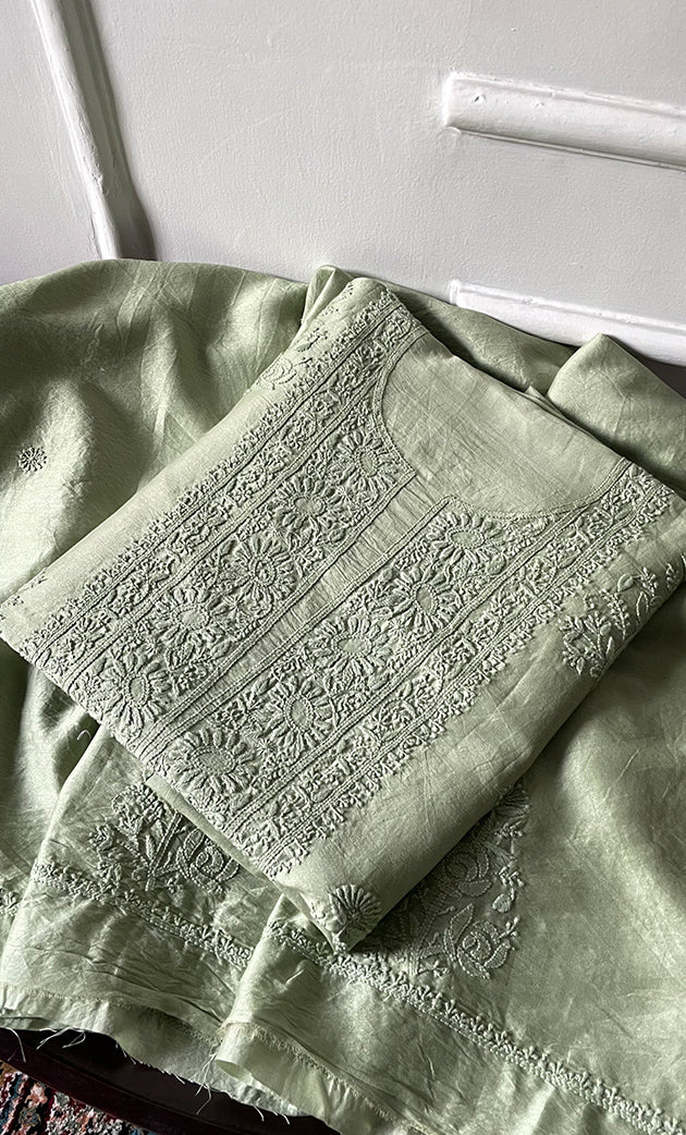 Women's Lucknowi Handcrafted Unstitched Chanderi Silk Chikankari Full Suit Material - HONC0322711