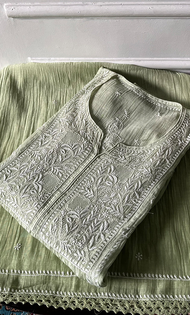 Izana Women's Lakhnavi Handcrafted Mul Chanderi Semi - stitched Chikankari Full Suit Material - HONC0333507