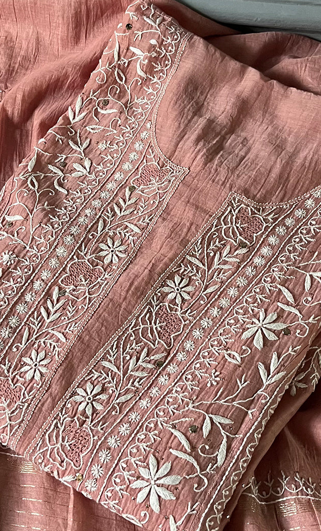 Women's Lakhnavi Handcrafted Mul Chanderi Semi - Stitched Kurta And Dupatta Set - HONC0284761