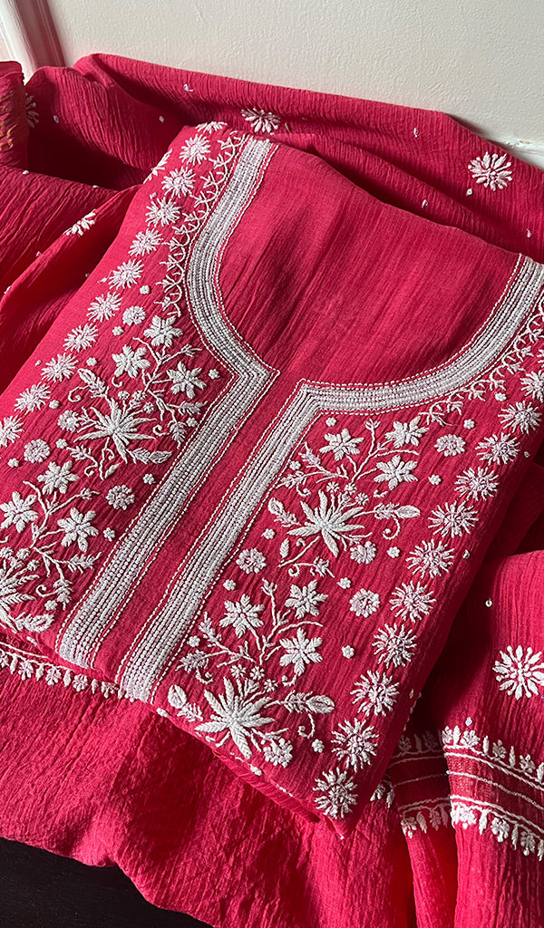 Women's Lakhnavi Handcrafted Mul Chanderi Unstitched Kurta And Dupatta Set - HONC0282259