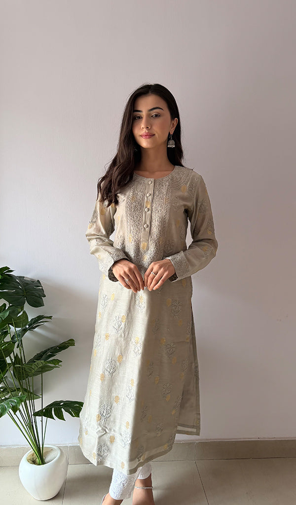 Women's Lucknowi Handcrafted Chanderi Silk Chikankari Kurti - HONC0354864