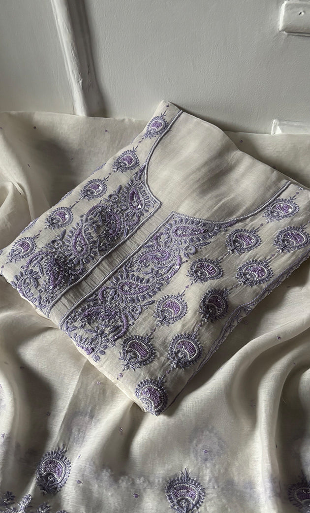 Eshal Women's Lakhnavi Handcrafted Unstitched Mul Chanderi Kurta And Dupatta Set - HONC0324072