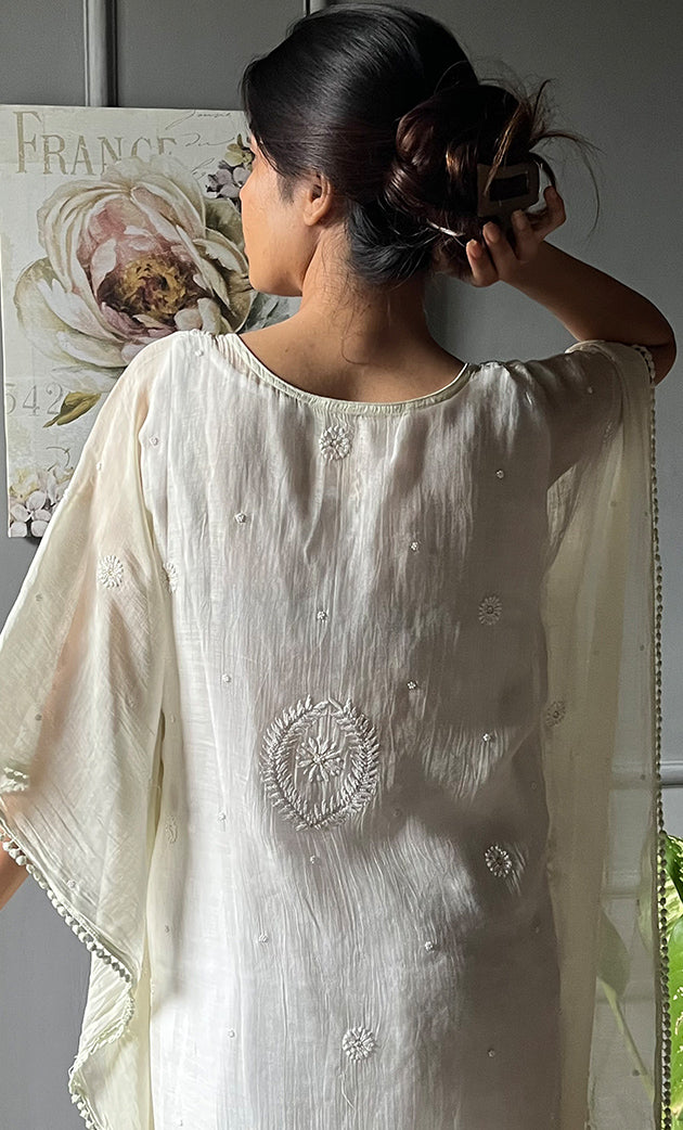 Rabia Women's Lucknowi Handcrafted Mul chanderi Chikankari Kaftan - HONC0304365