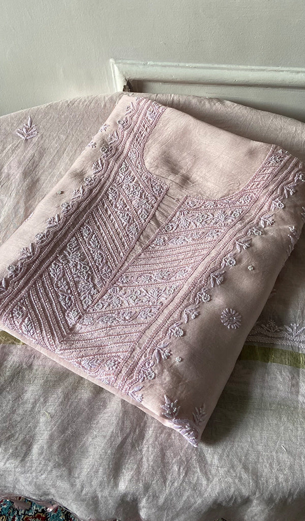 Women's Lakhnavi Handcrafted Mul Chanderi Unstitched Chikankari Full Suit Material - HONC0298566