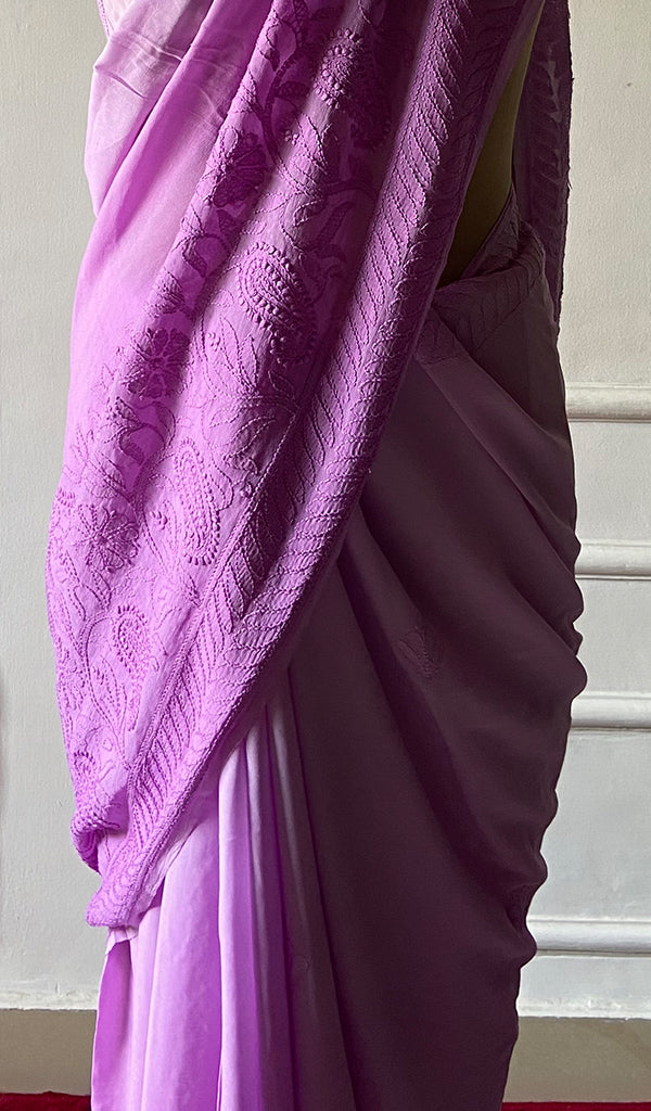 Women's Lakhnavi Handcrafted Viscose Georgette Chikankari Saree - HONC090396