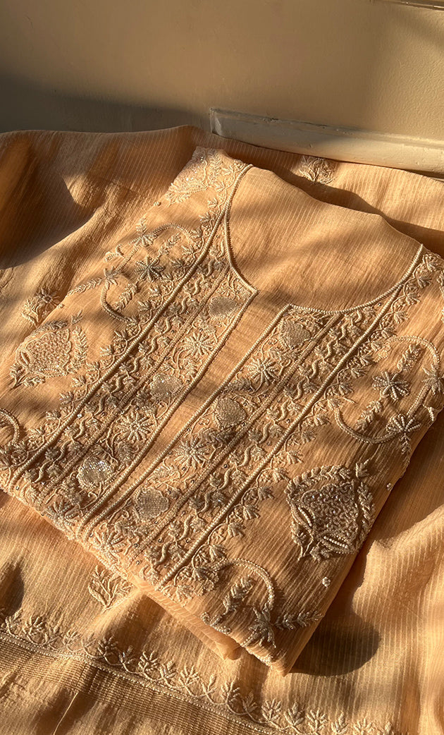 Women's Lakhnavi Handcrafted Maheshwari Mul Chanderi Unstitched Kurta And Dupatta Set - HONC0286685