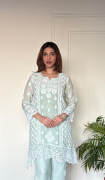 Women's Lucknowi Handcrafted Mul Chanderi Stitched Chikankari Short Kurta And Plazzo Set .