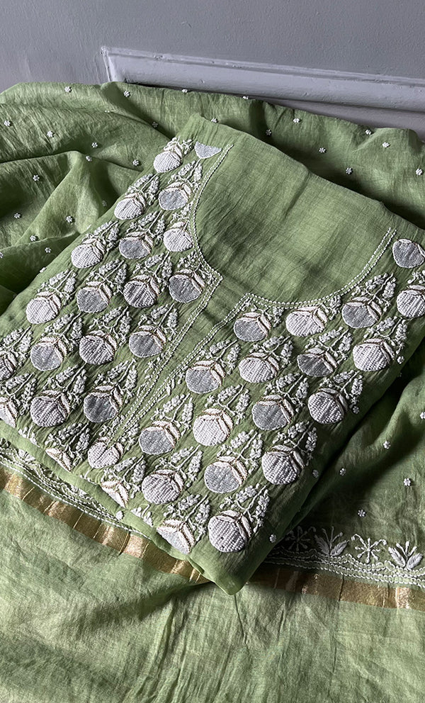 Jazba Women's Lakhnavi Handcrafted Mul Chanderi UnStitched Kurta And Dupatta Set - HONC0301690