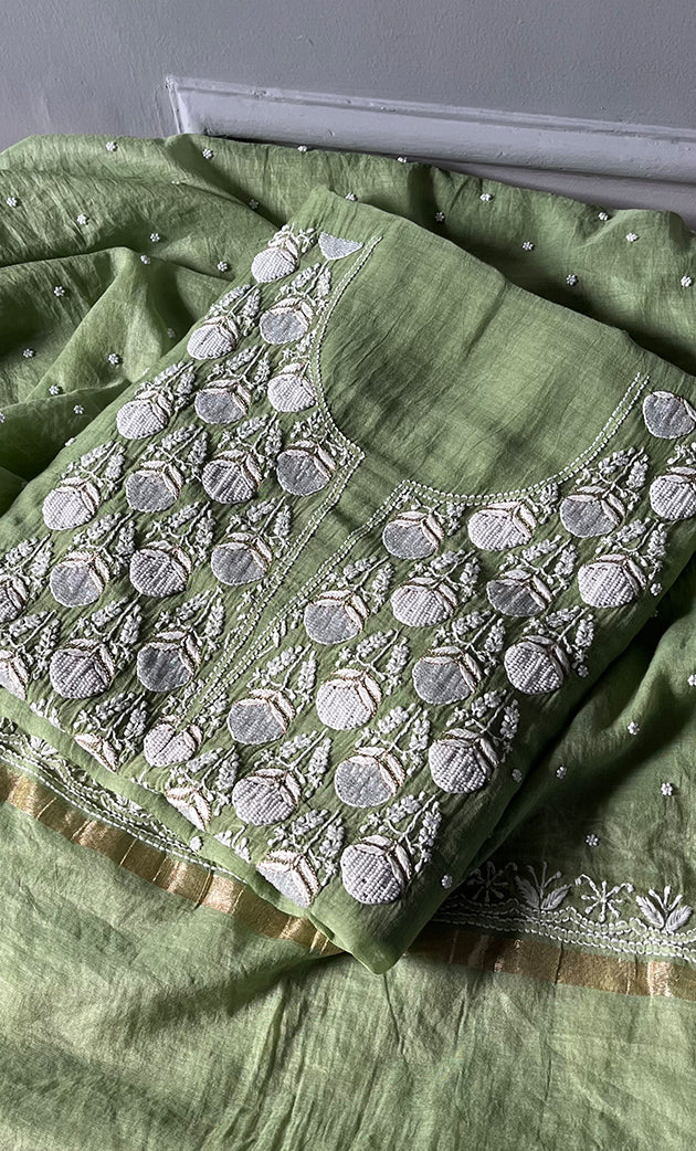 Jazba Women's Lakhnavi Handcrafted Mul Chanderi UnStitched Kurta And Dupatta Set - HONC0301690