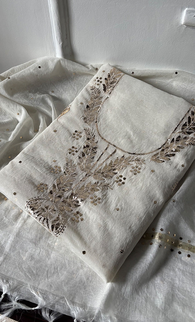 Women's Lakhnavi Handcrafted Unstitched Mul Chanderi Kurta And Dupatta Set - HONC0321821