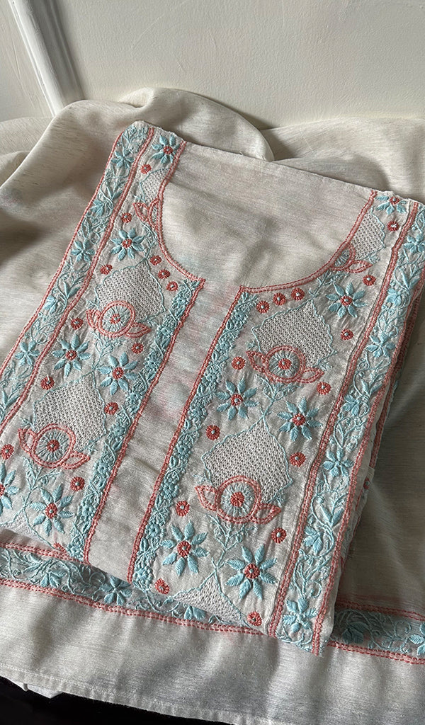 Women's Lakhnavi Handcrafted Linen Cotton Semi -Stitched Kurta And Dupatta Set - HONC0269961