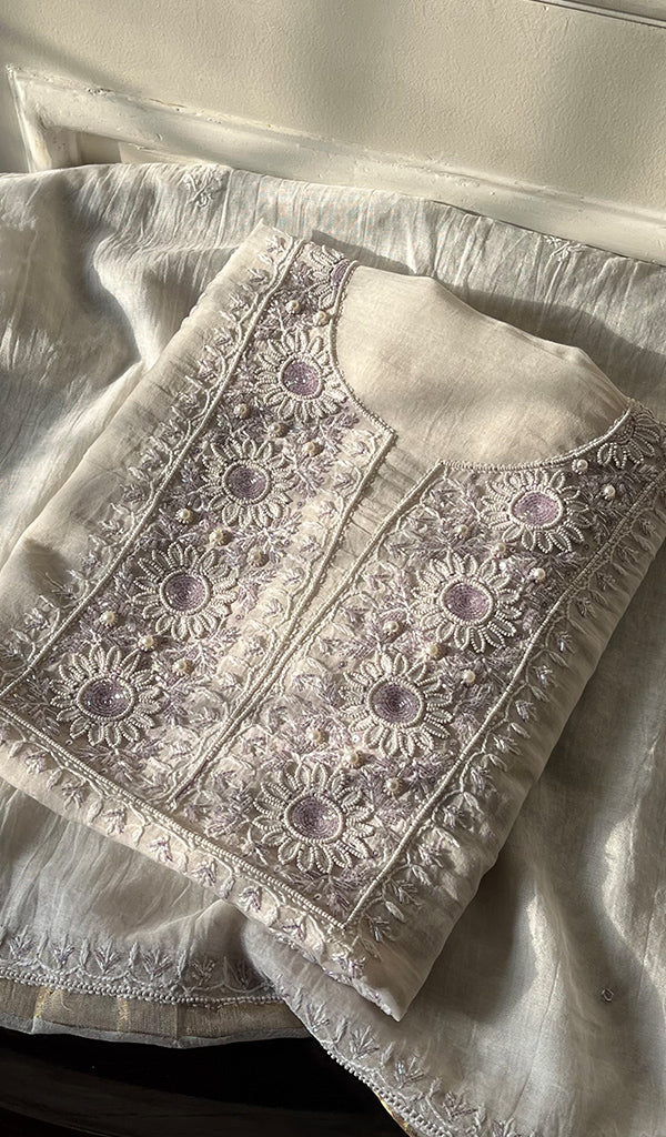 Irum Women's Lakhnavi Handcrafted Mul Chanderi Unstitched Kurta And Dupatta Set - HONC0297202