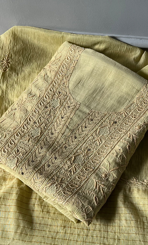Women's Lakhnavi Handcrafted Mul Chanderi UnStitched Kurta And Dupatta Set - HONC0280888