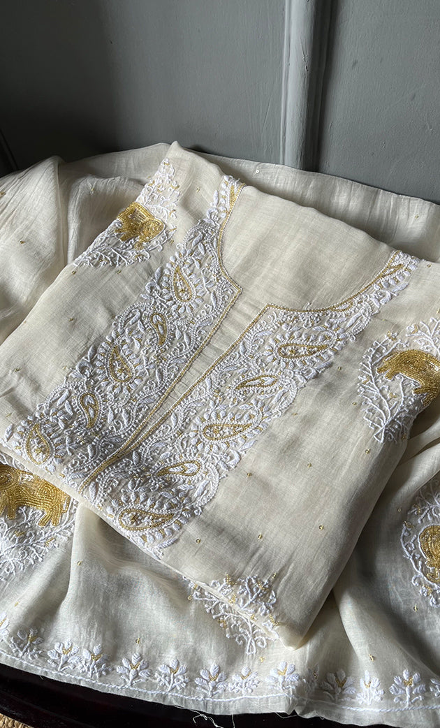 Women's Lakhnavi Handcrafted Mul Chanderi Unstitched Kurta And Dupatta Set - HONC0310889