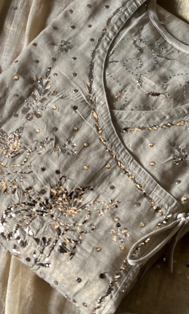 Women's Lucknowi Handcrafted Tissue Chanderi Chikankari Semi - Stitched Angrakha Dupatta Set- HONC0269236
