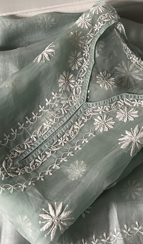 Women's Lakhnavi Handcrafted Pure Organza Chikankari Semi stitched Kurta And Dupatta Set- HONC0348606