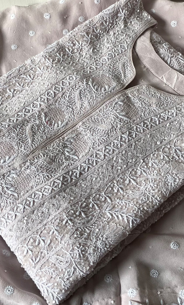 Women's Lakhnavi Handcrafted Pure Silk Georgette Semi - Stitched Chikankari Kurta And Dupatta Set - HONC0323529