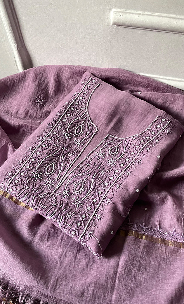 Women's Lakhnavi Handcrafted Mul Chanderi Unstitched Chikankari Full Suit Material - HONC0304386