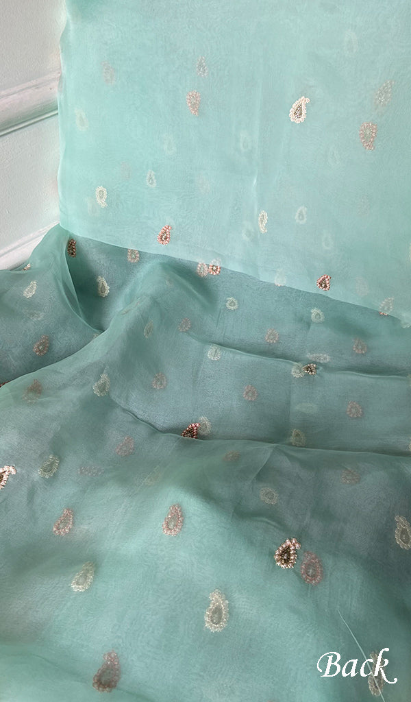 Women's Lakhnavi Handcrafted Pure Organza Chikankari Unstitched Kurta And Dupatta Set- HONC0290506