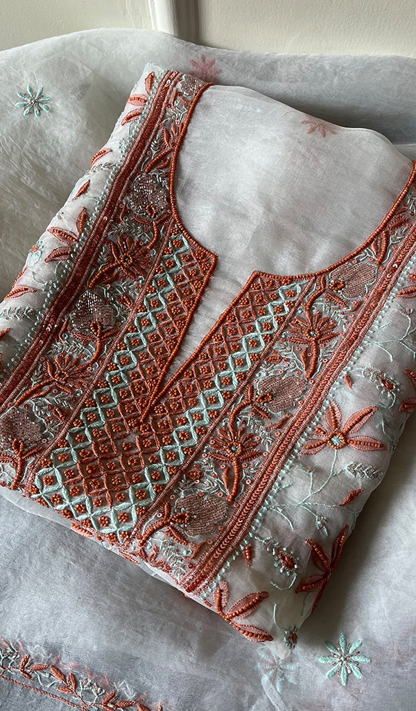 Women's Lakhnavi Handcrafted Pure Organza Chikankari Unstitched Kurta And Dupatta Set- HONC0270067