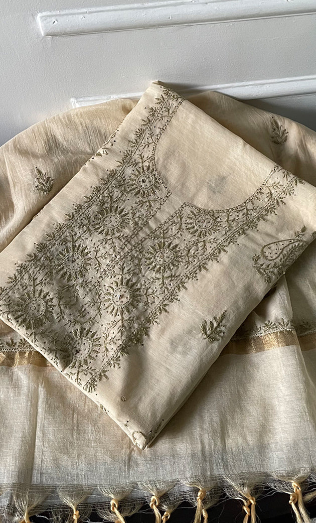 Women's Lakhnavi Handcrafted Mul Chanderi Unstitched Chikankari Full Suit Material - HONC0282287