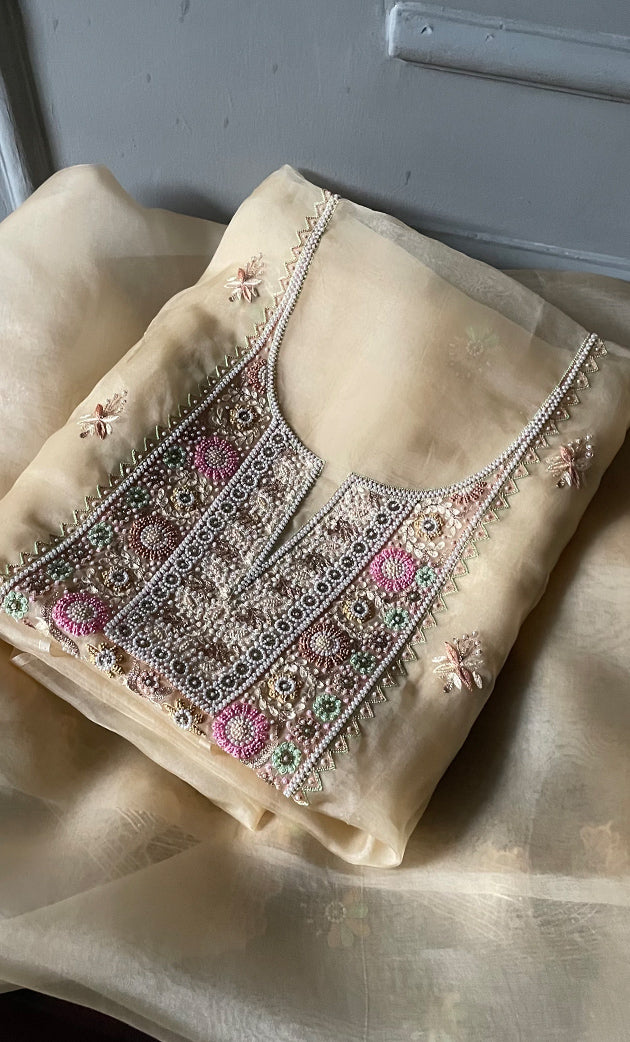 Women's Lakhnavi Handcrafted Pure Organza Chikankari Unstitched Kurta And Dupatta Set- HONC0321908