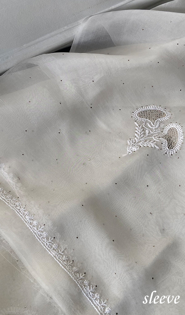 Women's Lakhnavi Handcrafted Pure Organza Chikankari Unstitched Kurta And Dupatta Set- HONC0359777