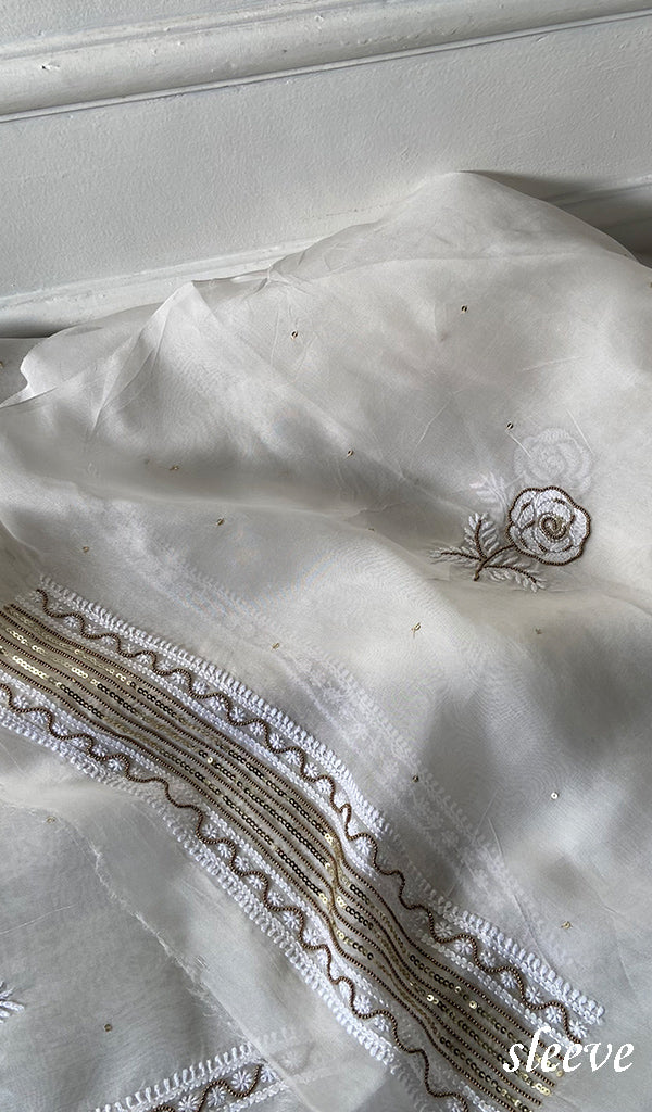 Women's Lakhnavi Handcrafted Pure Organza Chikankari Unstitched Kurta And Dupatta Set- HONC0359794
