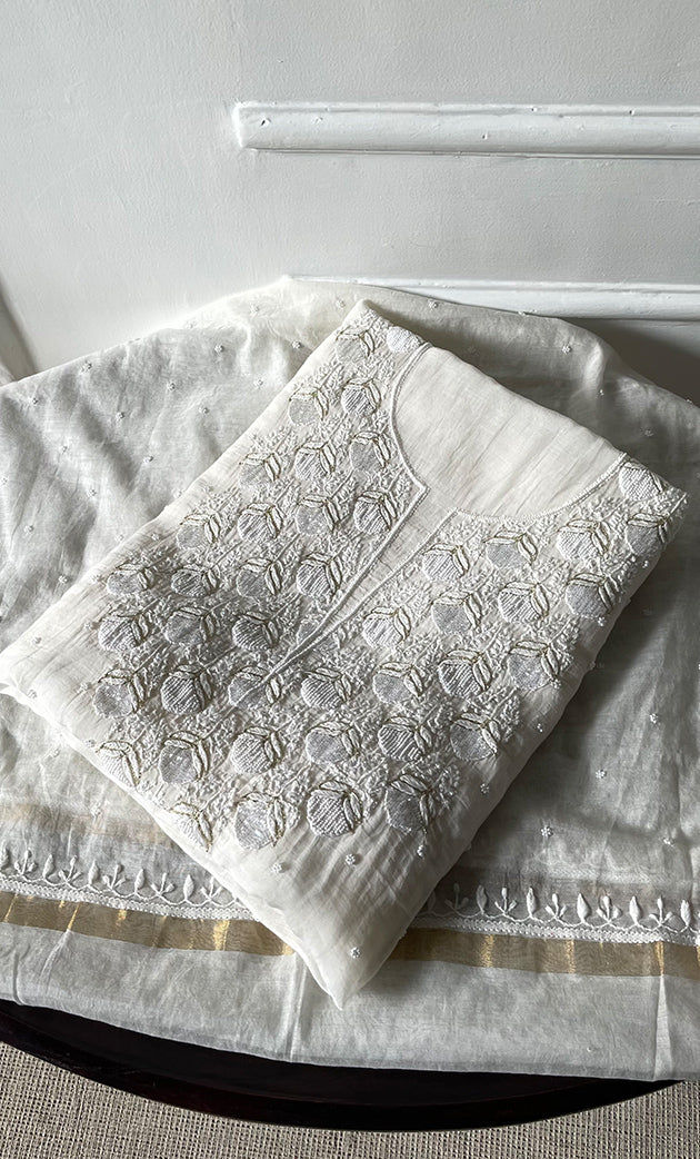 Jazba Women's Lakhnavi Handcrafted Mul Chanderi UnStitched Kurta And Dupatta Set - HONC0320806