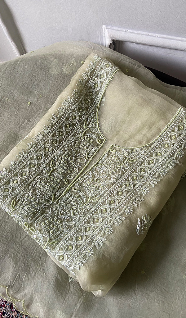 Women's Lakhnavi Handcrafted Pure Organza Chikankari Unstitched Kurta And Dupatta Set- HONC0324983