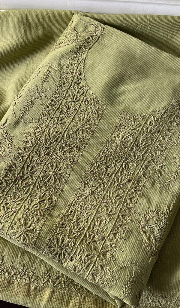 Women's Lakhnavi Handcrafted Maheshwari Mul Chanderi Unstitched Kurta And Dupatta Set - HONC0268581
