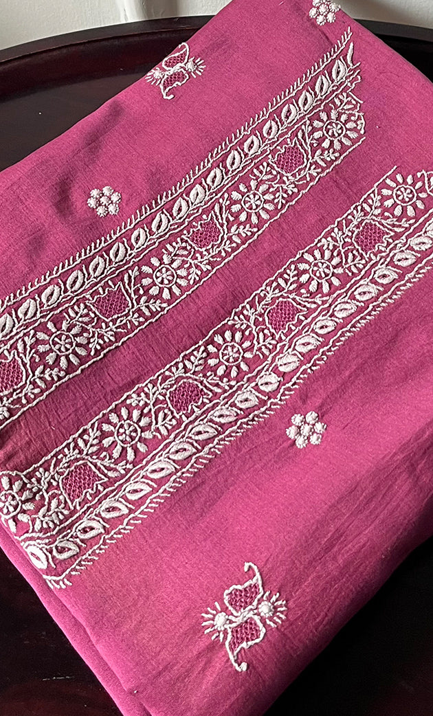 Lucknowi Handcrafted Chanderi Silk Chikankari Unstitched Unisex Kurta Fabric - HONC0268120