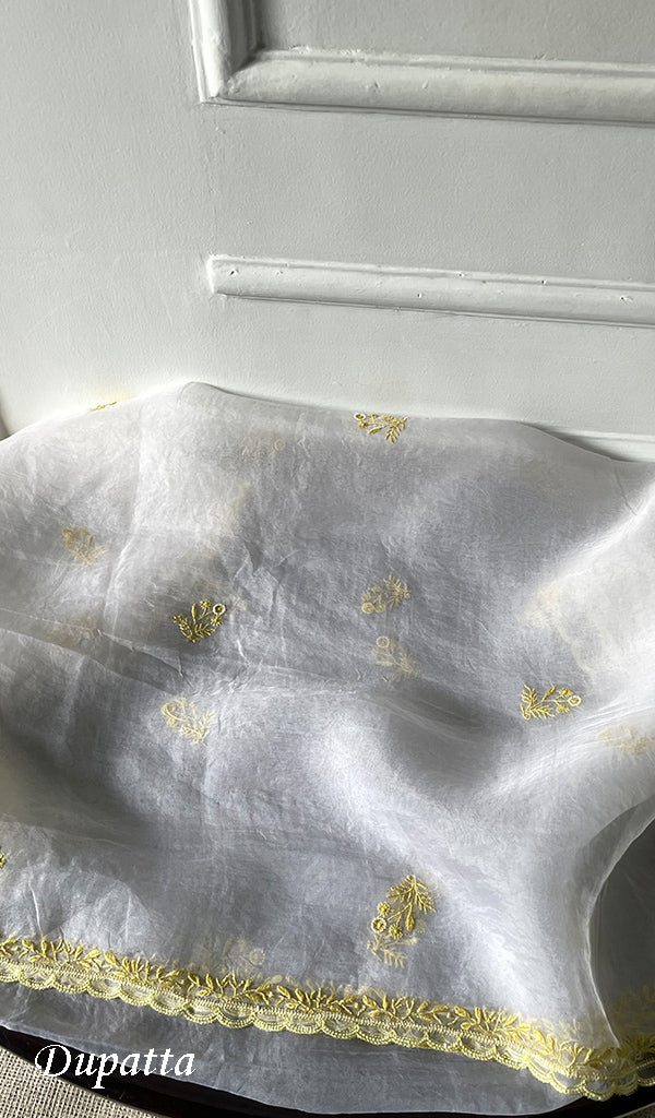 Women's Lakhnavi Handcrafted Pure Organza Chikankari Unstitched Kurta And Dupatta Set- HONC0316459