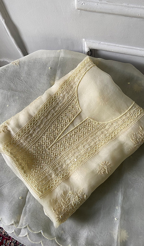 Women's Lakhnavi Handcrafted Pure Organza Chikankari Unstitched Kurta And Dupatta Set- HONC0333533