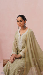 Load image into Gallery viewer, Women's Lakhnavi Handcrafted Mul Chanderi Chikankari Stitched Kurta, Dupatta And Pant Set - HONC0555586
